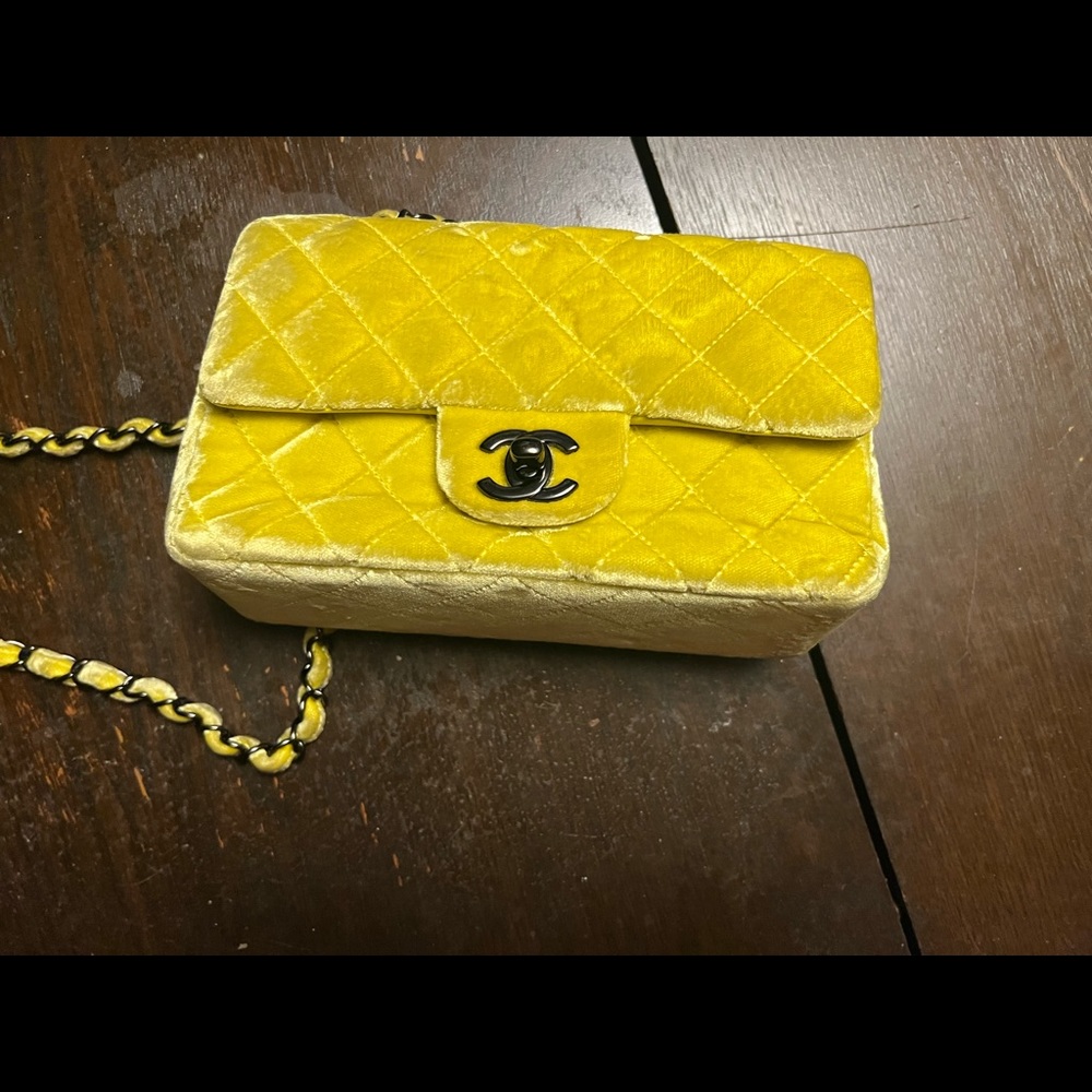 Vintage Rare Chanel Yellow velvet bag mini